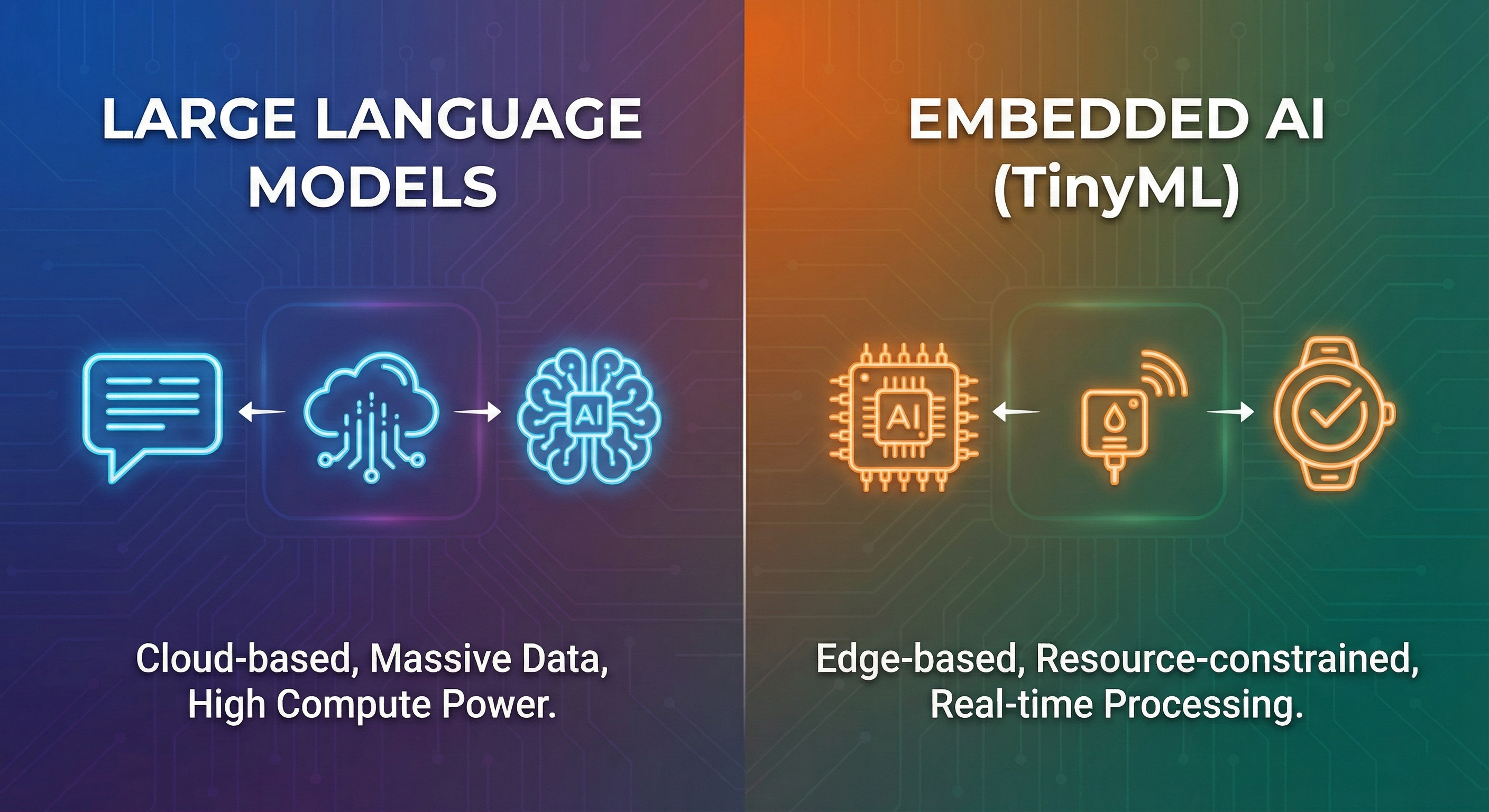 Side-by-side comparison graphic: Large Language Models vs Embedded AI (TinyML).