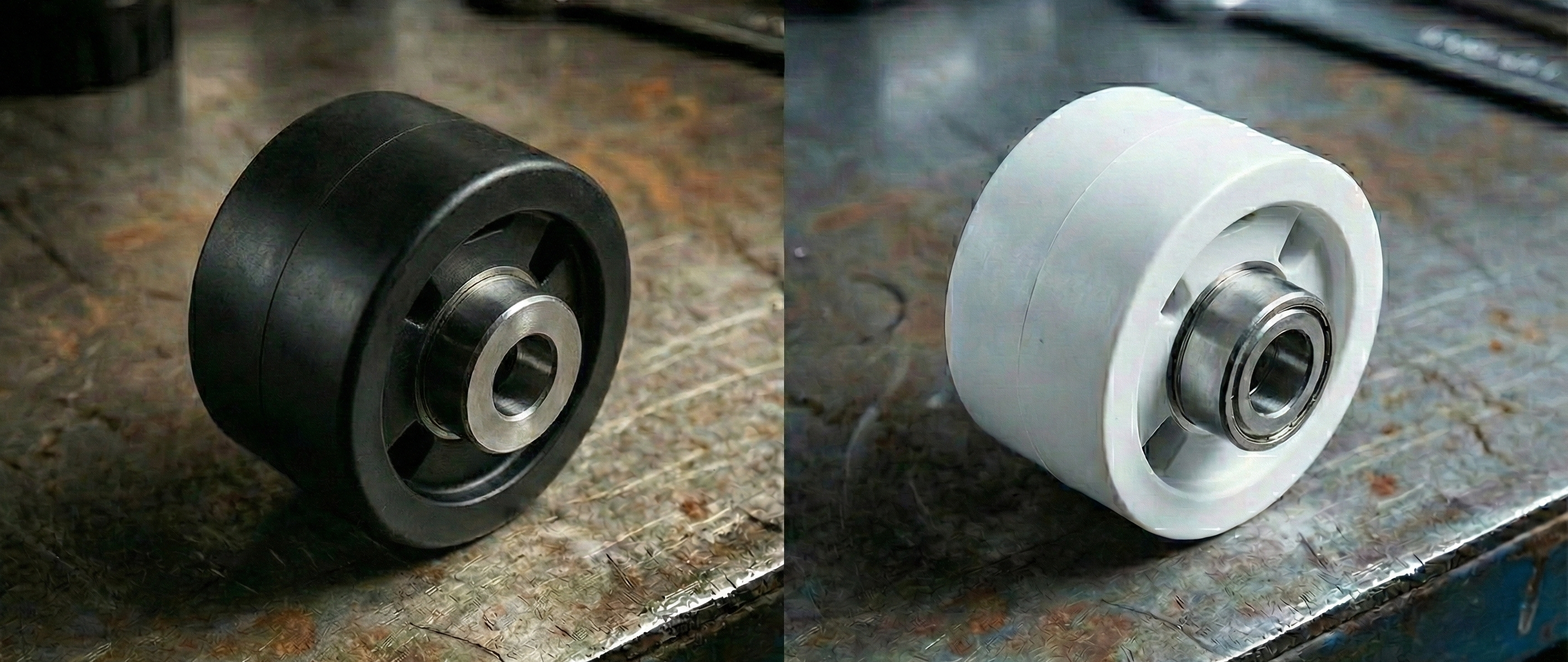 Black and white non-marking wheels side-by-side, illustrating typical carbon black vs mineral-filled rubber applications.