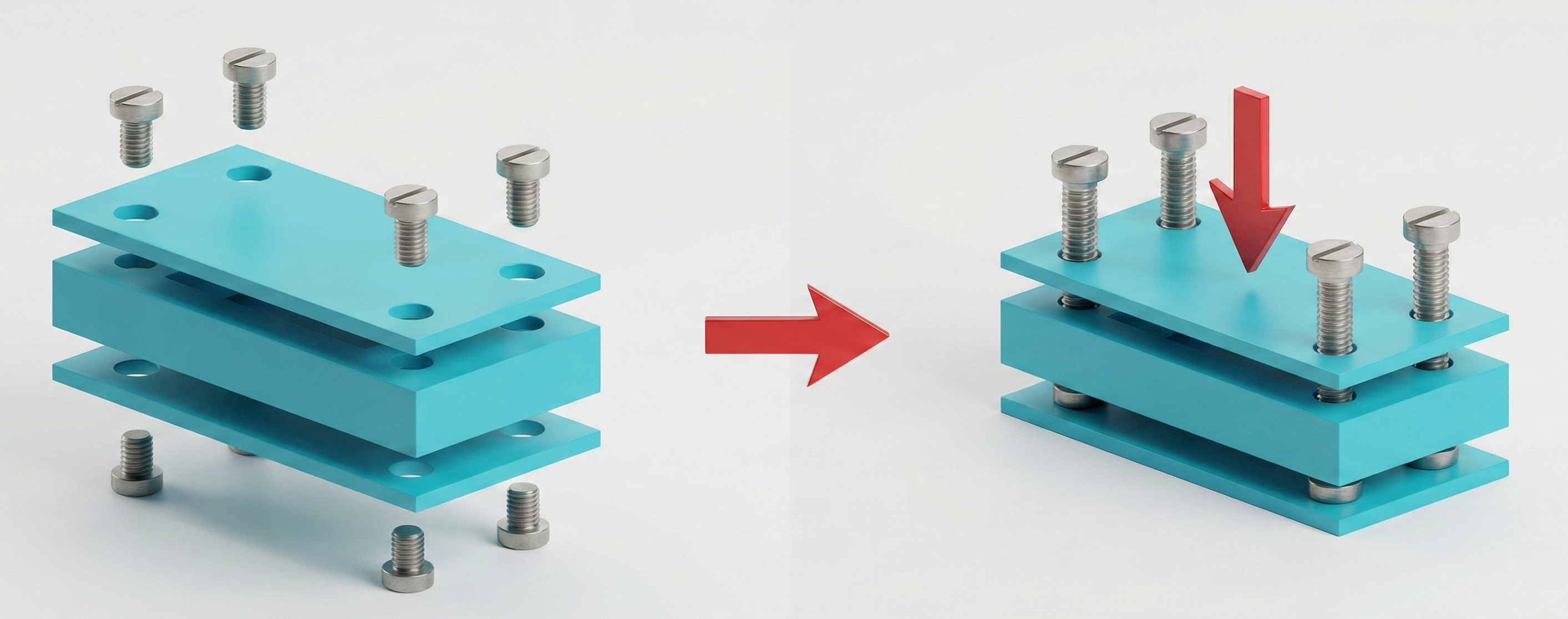 Exploded plates and screws contrasted with a final assembly where all fasteners are driven from above.